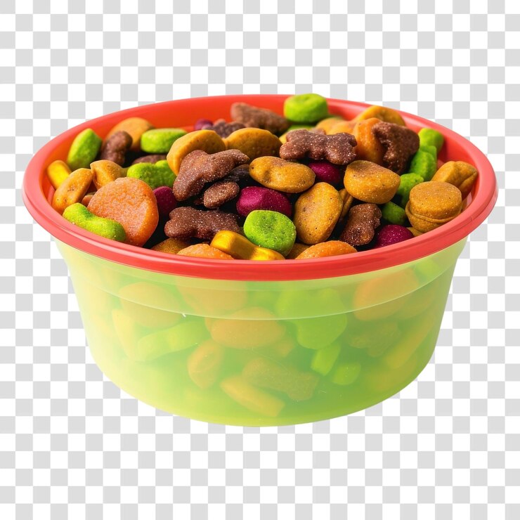 PSD png alimentos para mascotas de colores en cuenco