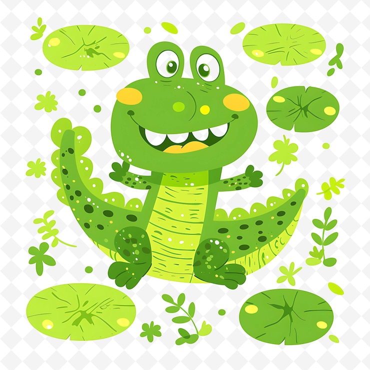 PSD png alligador sonriente con formas de lirio flotando alrededor ilustración plana exuberante personaje lindo