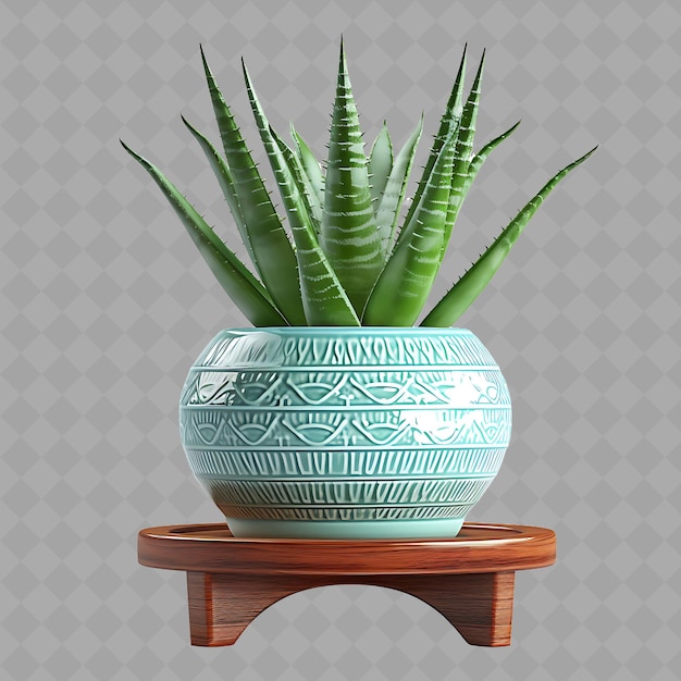 PSD png aloe vera em cerâmica aztec design pot sentado em bandeja de madeira s árvore interior em fundo limpo
