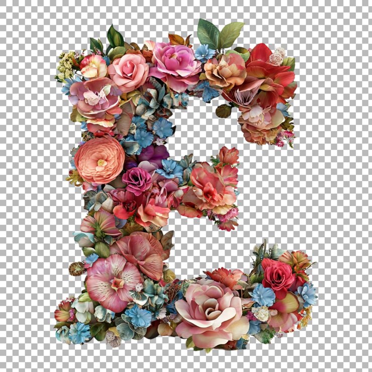 PSD png-alphabet e in blumigem stil isoliert vor einem durchsichtigen hintergrund für von der natur inspirierte designs elegante branding- oder saisonale typografie-anwendungen