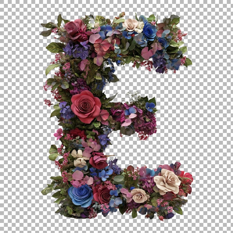 PSD png-alphabet e in blumigem stil isoliert vor einem durchsichtigen hintergrund für von der natur inspirierte designs elegante branding- oder saisonale typografie-anwendungen