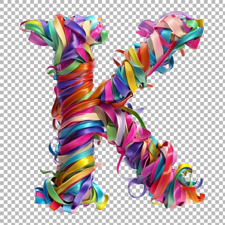 PSD png alphabet k in farbenfrohen bändern stil isoliert gegen einen durchsichtigen hintergrund für kreative projekte festliche branding oder dekorative typografie anwendungen