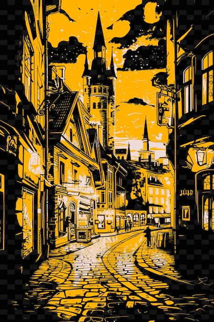 PSD png altstadt von tallinn mit mittelalterlicher straßenszene kopfsteinpflaster str illustration städte szene kunstdekor