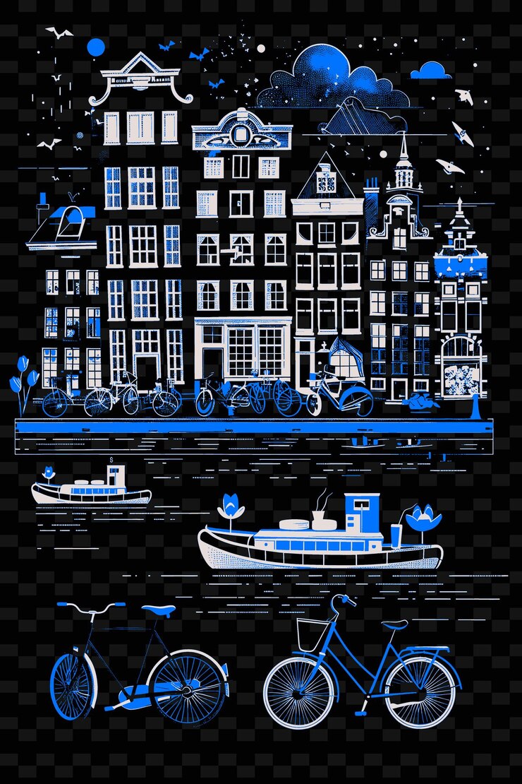 PSD png amsterdã com canal street scene e houseboats bicicletas tu ilustração citys scene art decor