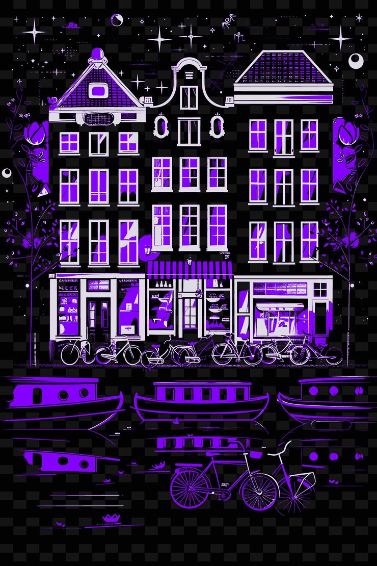 PSD png ámsterdam con escena de la calle del canal y casas flotantes bicicletas tu ilustración escena de la ciudad decoración artística