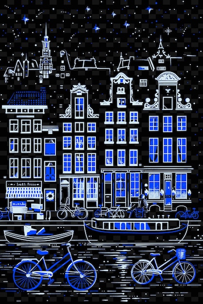 PSD png amsterdam avec scène de rue du canal et des péniches vélos tu illustration scène de la ville décor artistique