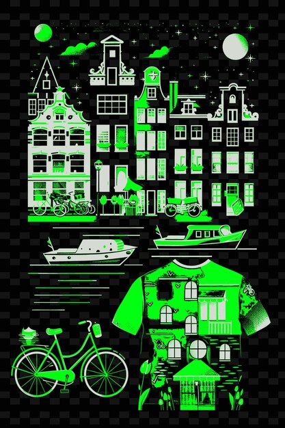 PSD png amsterdam avec scène de rue du canal et des péniches vélos tu illustration scène de la ville décor artistique