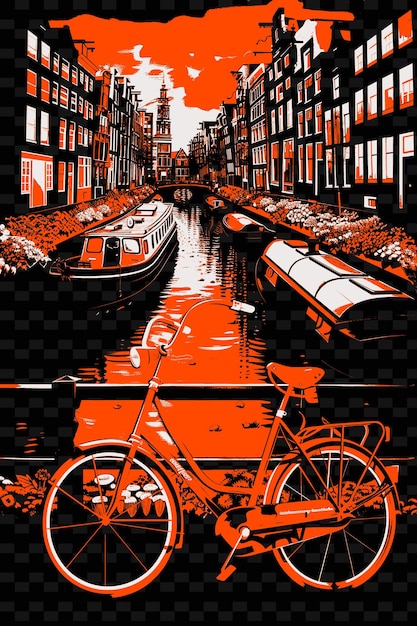 PSD png amsterdams canals with picturesque street scene and 17th cen illustration citys scene art decor (canais de amsterdã com uma pitoresca cena de rua e ilustração do século xvii)