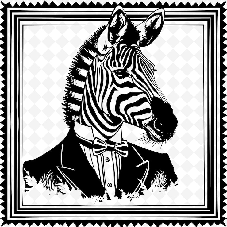 PSD png animal line art und rahmen briefmarken collage briefmarke natürliche skizze zur charakterillustration