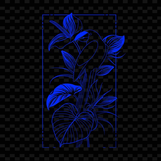 PSD png anthurium con siluetas de loro y motivos simplificados con contornos de animales y hojas tropicales
