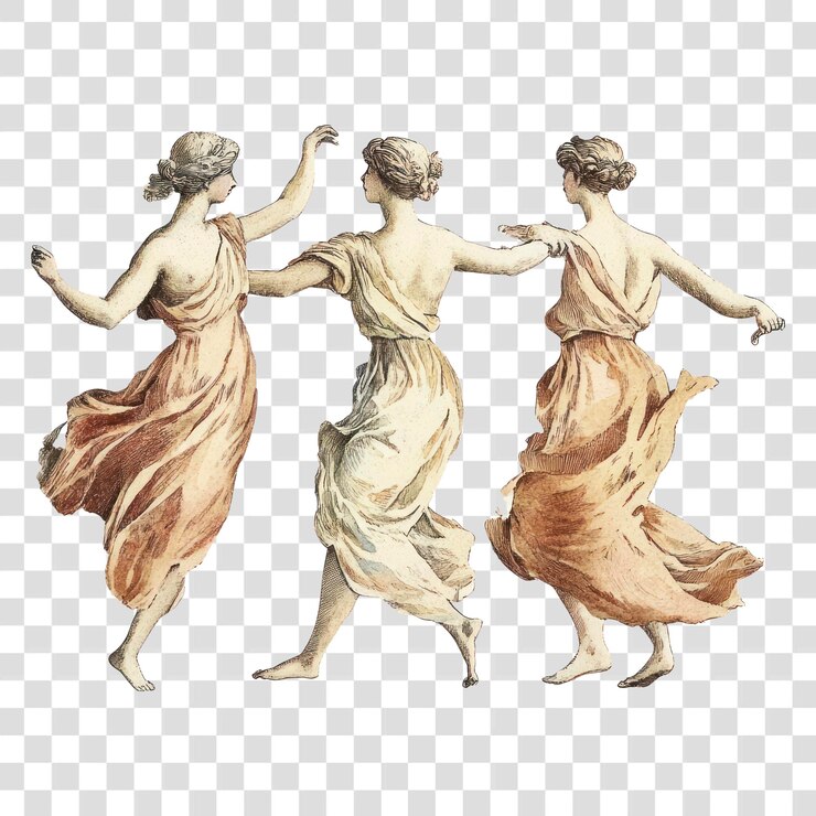 PSD png una antigua pintura griega de cuatro mujeres bailadoras ilustrada
