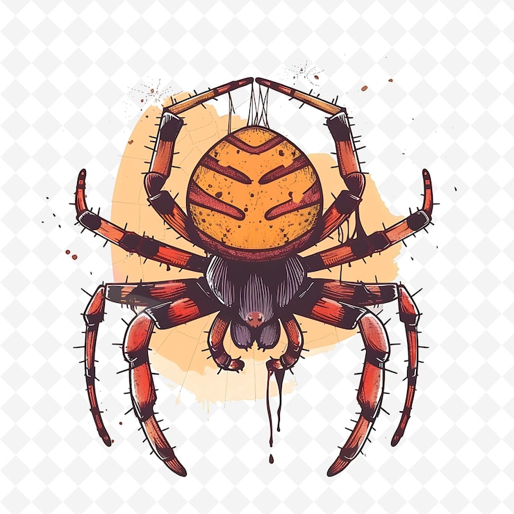 PSD png araña satisfecha con patrones de telaraña esparcidos por toda la ilustración subplata carácter lindo