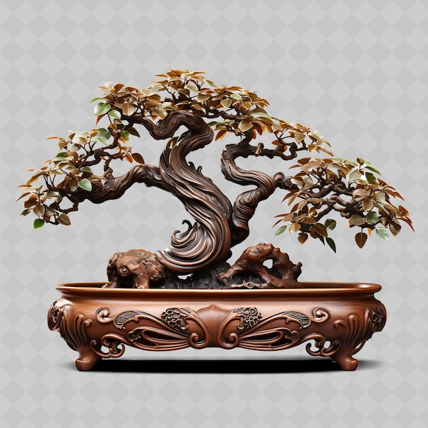 Png árbol de bonsai de caoba tallado compuesto de olla de madera hojas exóticas transparentes decoración de árboles diversos