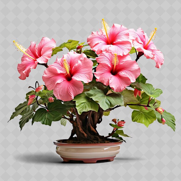 PSD png árbol de bonsai de hibisco olla de arcilla hojas dentadas sombra tropical transparente decoración de árboles diversos