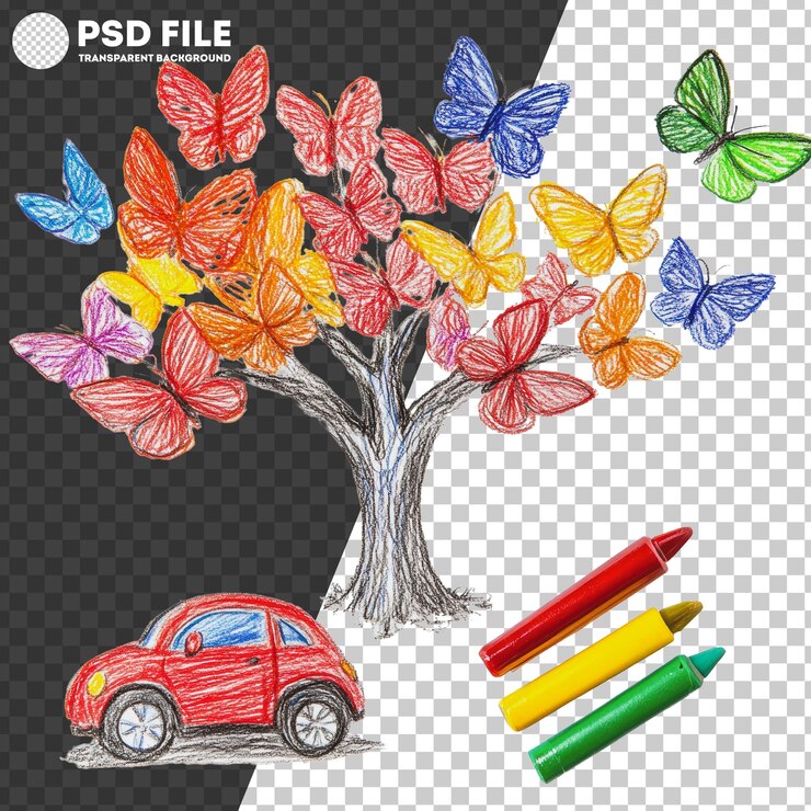 PSD png árbol colorido con mariposas y un dibujo de coche