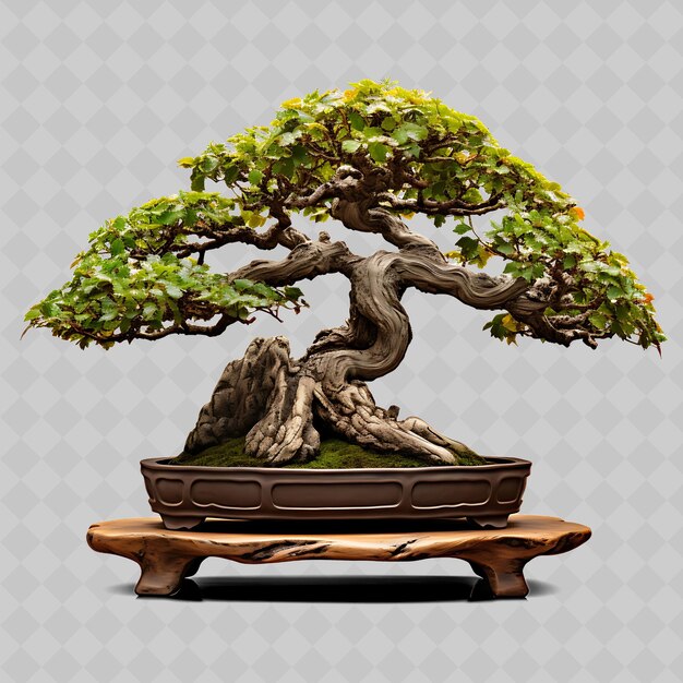 PSD png árbol de roble bonsai olla de piedra con hojas lobadas concepto de fuerza tradicional transparente decoración de árboles diversos