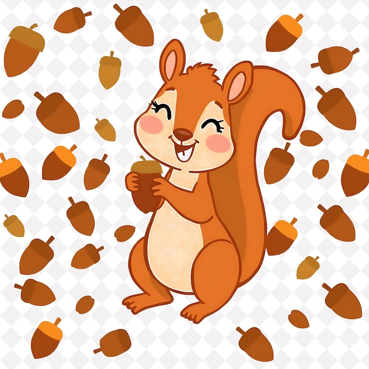 PSD png ardilla alegre con formas de bellota dispuestas al azar en el fondo diseño de animales encantadores