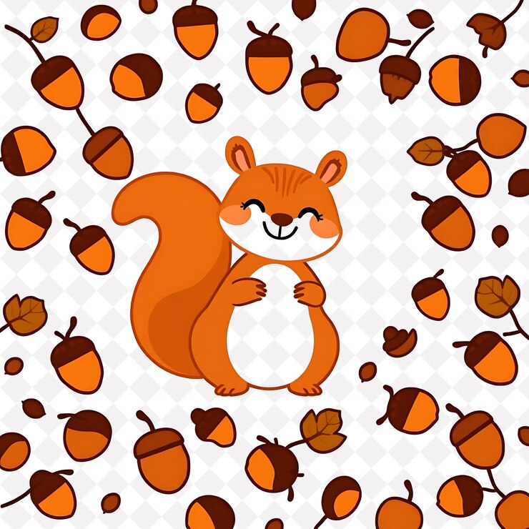 PSD png ardilla alegre con patrones de bellota extendida a lo largo del cálido otoño diseño de animales lindos lindos