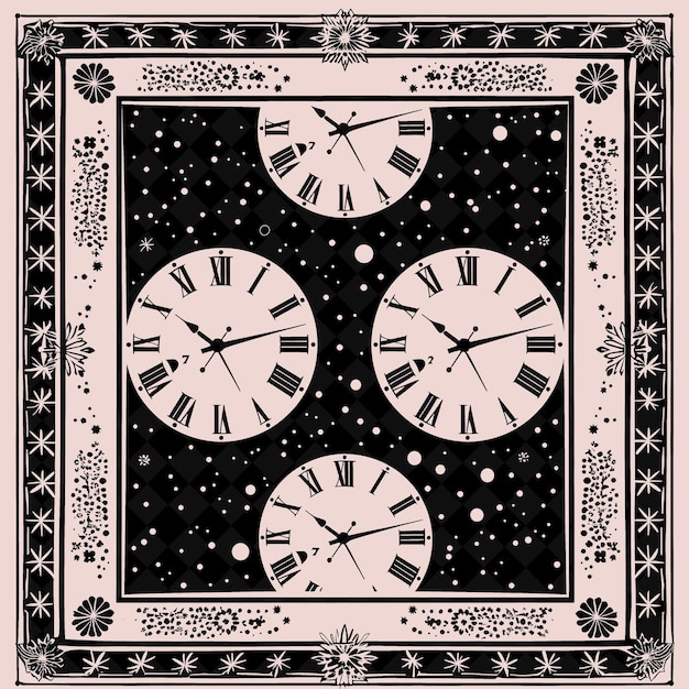 PSD png art deco arte popular de la víspera de año nuevo con relojes y confeti para delinear el arte tradicional del marco