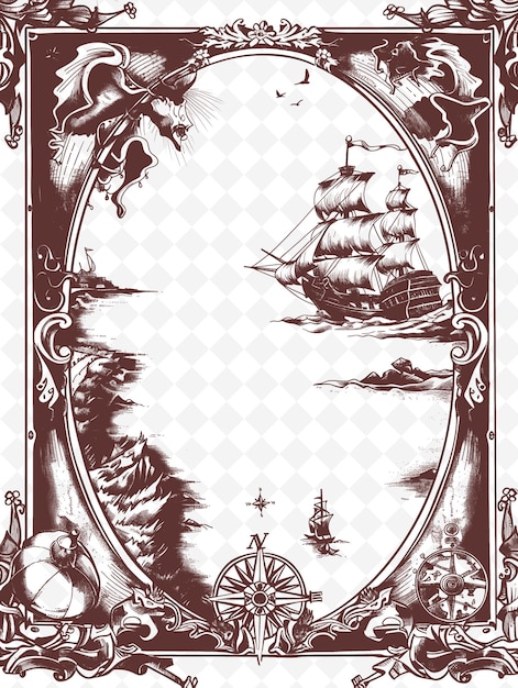 PSD png art du cadre de carte médiéval avec boussole et décorations de navires bor illustration art du cadre décoratif