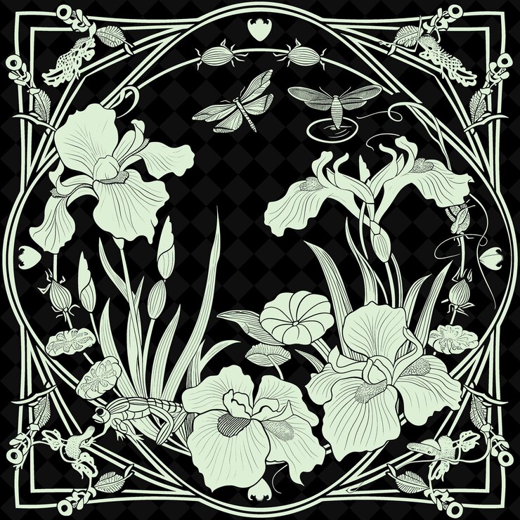 PSD png art nouveau arte popular con iris y lirios de agua para la decoración contorno arte de marco tradicional