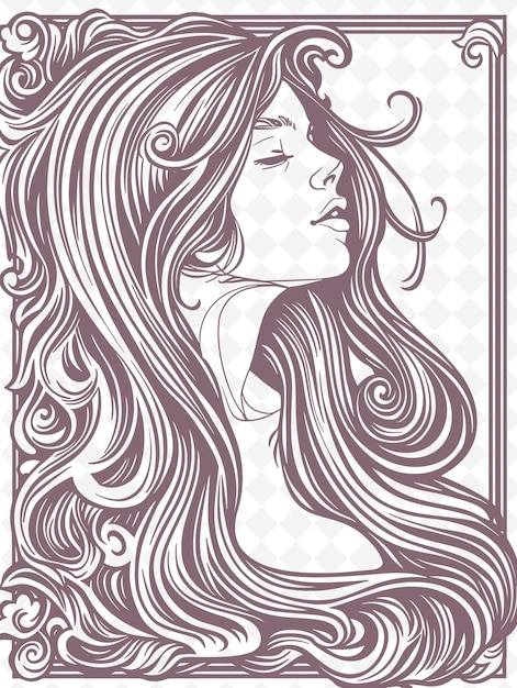 PSD png art nouveau cadre art avec des cheveux coulants et des motifs floraux de illustration cadre art décoratif