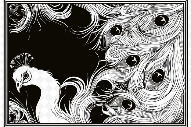 PSD png art nouveau cadre art avec des cheveux coulants et des plumes de paon illustration cadre art décoratif