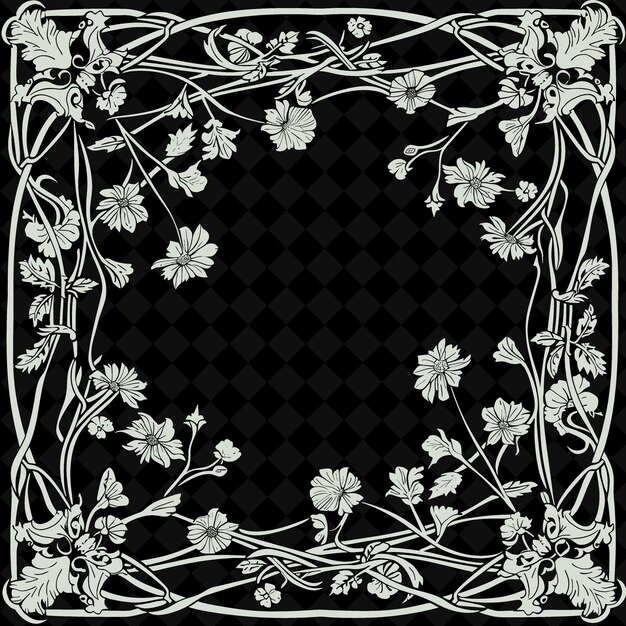 PSD png art nouveau équinoxe de printemps art populaire avec des fleurs et des vignes f contour art de cadre traditionnel