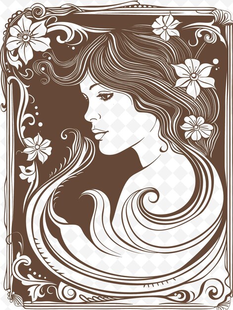 PSD png art nouveau frame arte com cabelos fluentes e motivos florais de ilustração frame arte decorativa