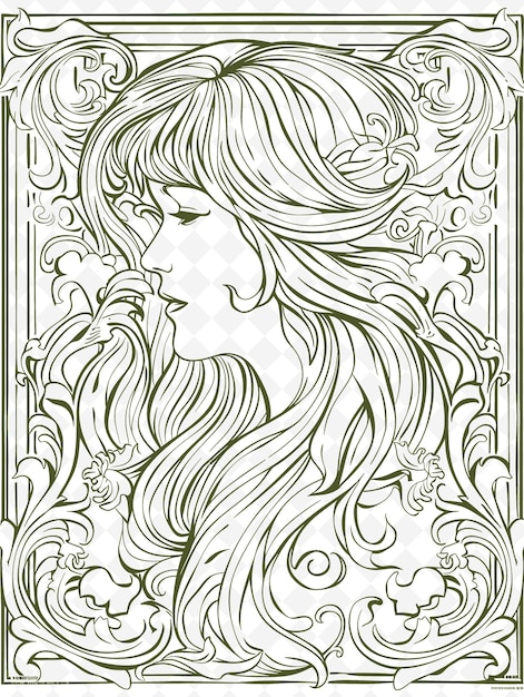 PSD png art nouveau marco arte con cabello fluido y motivos florales de ilustración marco arte decorativo