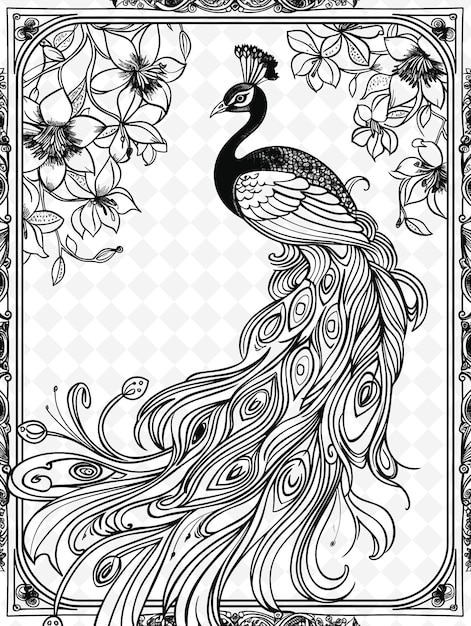 PSD png art nouveau marco arte con decoraciones de pavo real y lirio ilustración de la junta marco arte decorativo