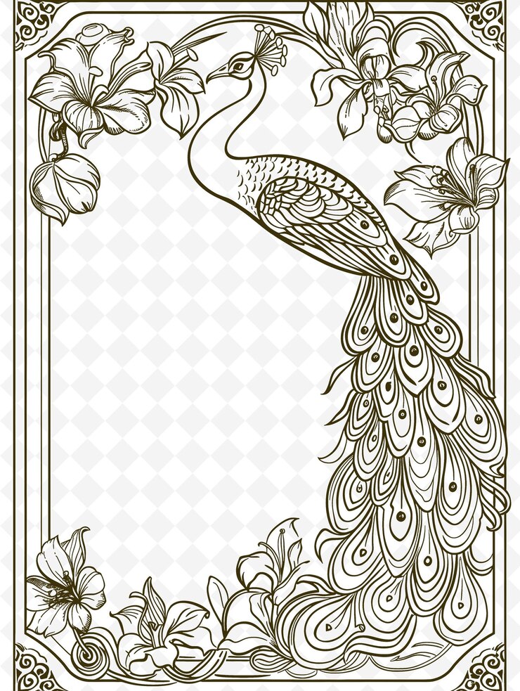 PSD png art nouveau marco arte con decoraciones de pavo real y lirio ilustración de la junta marco arte decorativo