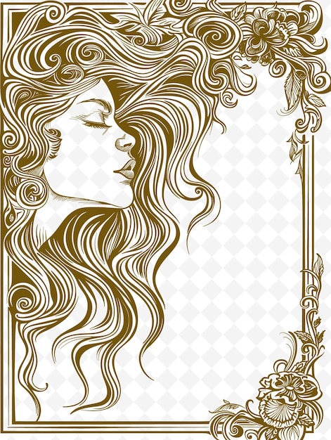 PSD png art nouveau rahmenkunst mit fließendem haar und blumenmotiven de illustration rahmenkunst dekorativ