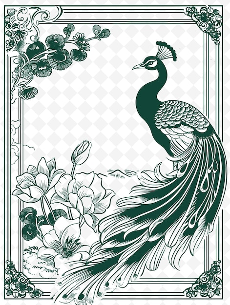 PSD png art nouveau rahmenkunst mit pfauen- und liliendekorationen bord illustration rahmenkunst dekorativ