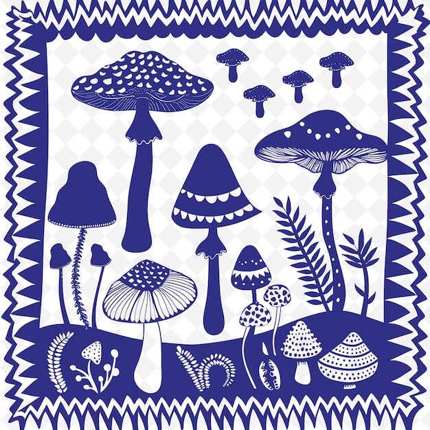 PSD png art populaire capricieux avec des champignons et des crapauds pour la décoration collection d'art de contour traditionnel