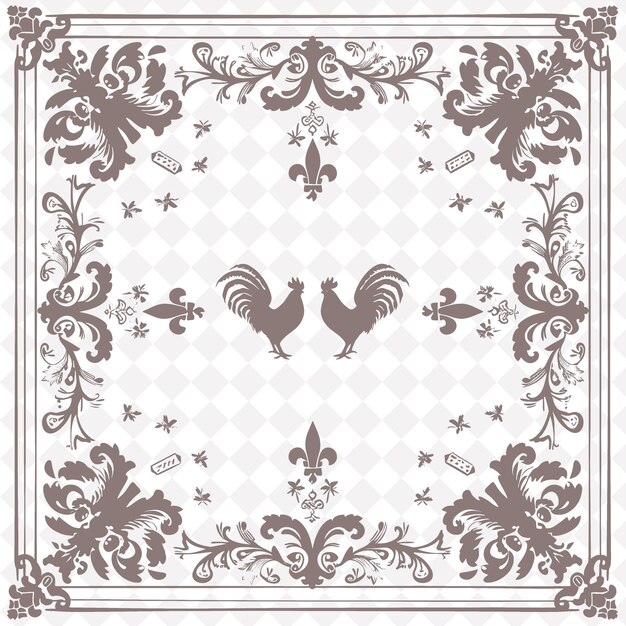 PSD png art populaire français avec fleur de lis et coqs pour la décoration traditionnel cadre unique décoratif