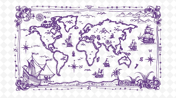 PSD png arte de enquadramento de mapas medievais com bússola e decorações de navios ilustração de bor arte de enquadração decorativa