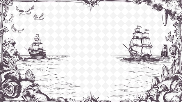 PSD png arte de enquadramento de mapas medievais com bússola e decorações de navios ilustração de bor arte de enquadração decorativa