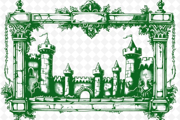 PSD png arte de estrutura medieval com decorações de castelo e cavaleiro ilustração de fronteira arte de estrutura decorativa