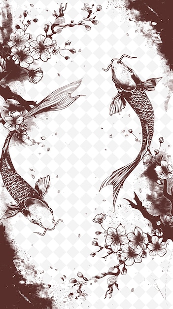 PSD png arte de moldura japonesa com peixe koi e flores de cereja decorati ilustração arte de estrutura decorativa