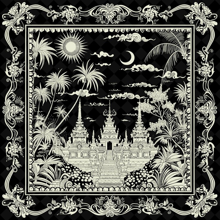 PSD png arte folclórica indonésia com padrões de batik e fantoches de sombra f esboço de arte de frame tradicional