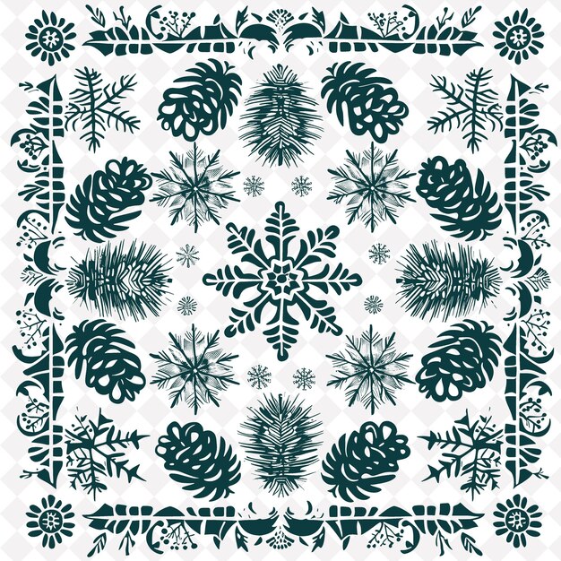 PSD png arte folclórica vintage de inverno com flocos de neve e pinheiros para a coleção de arte de contorno tradicional