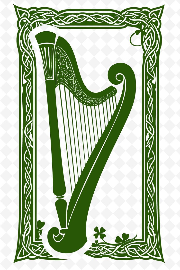 PSD png arte de marco de arpa celta con shamrock y notas musicales decoración ilustración arte de marco decorativo