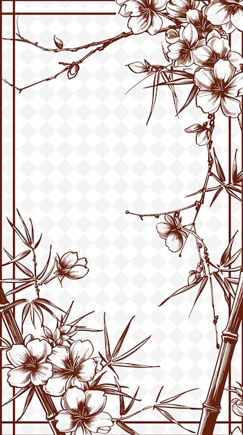 PSD png arte de marco inspirado en asia con flores de cerezo y decoración de bambú ilustración arte de marco decorativo