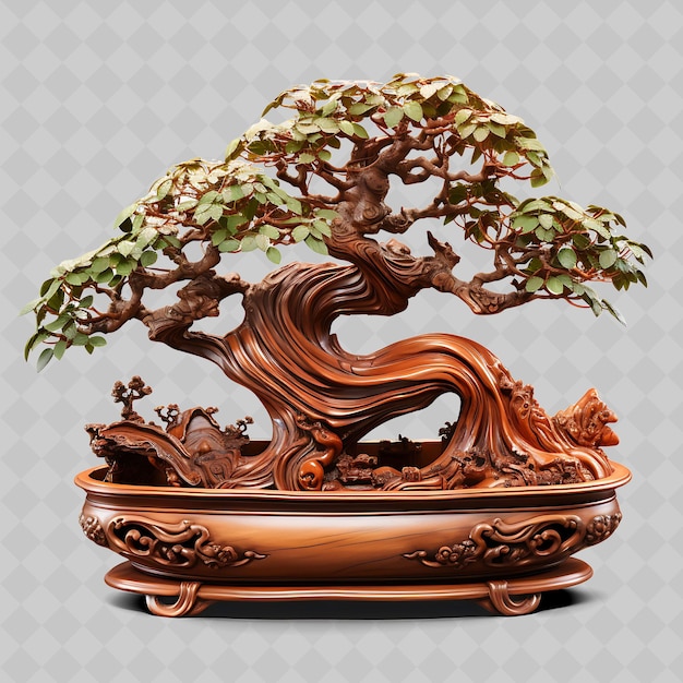 PSD png árvore de bonsai de mogno esculpida em pote de madeira composto de folhas exóticas transparentes decorações de árvores diversas