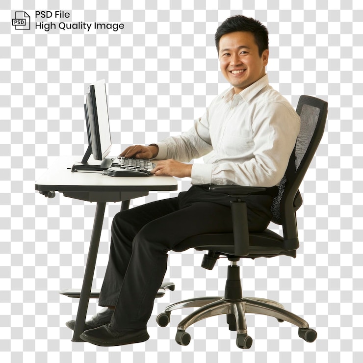 PSD png asian man working on his desk computer chair professional