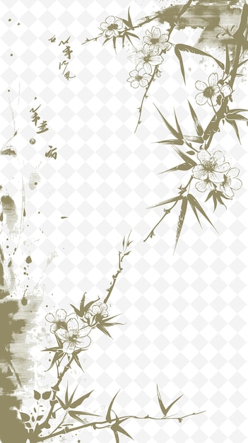 PSD png asiatisch inspirierte rahmenkunst mit kirschblüten und bambus dekoration illustration rahmenkunst dekoration