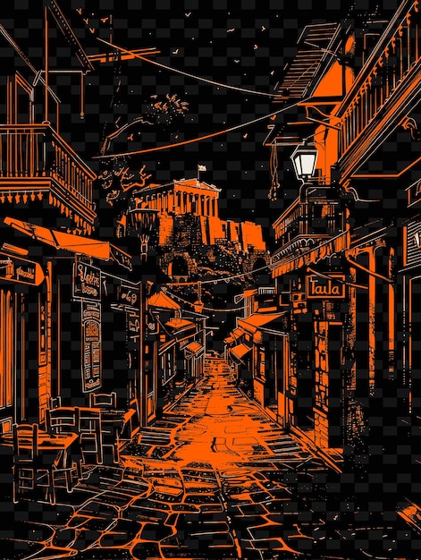 PSD png atenas plaka barrio con escena de la calle histórica ilustración antigua escena de la ciudad decoración artística