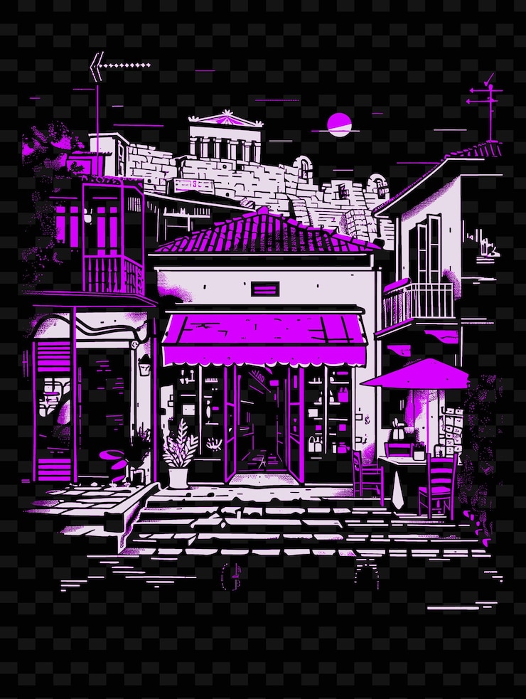 PSD png atene plaka quartiere con scena di strada storica illustrazione antica città scena arte decorazione