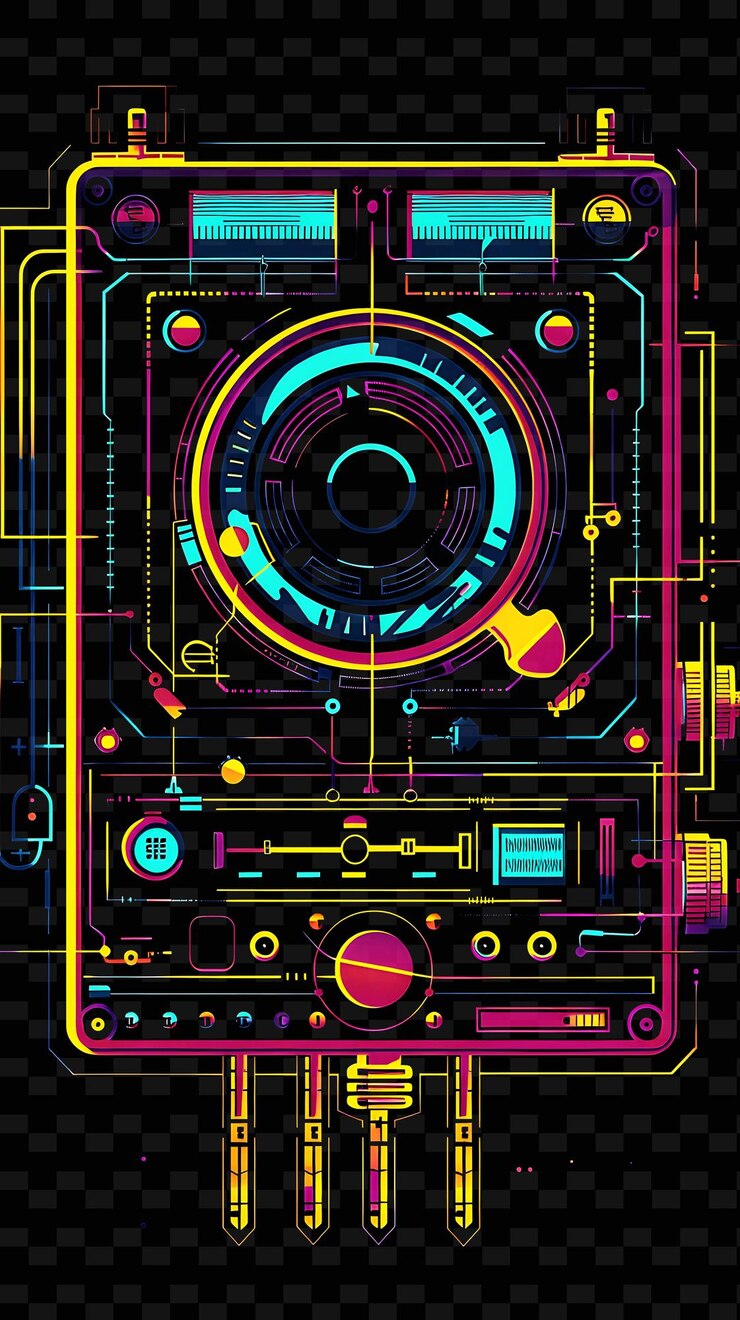 PSD png atompunk decalque de cinta con elementos de la edad atómica y colores de neón decorativos creativos de forma de neón y2k